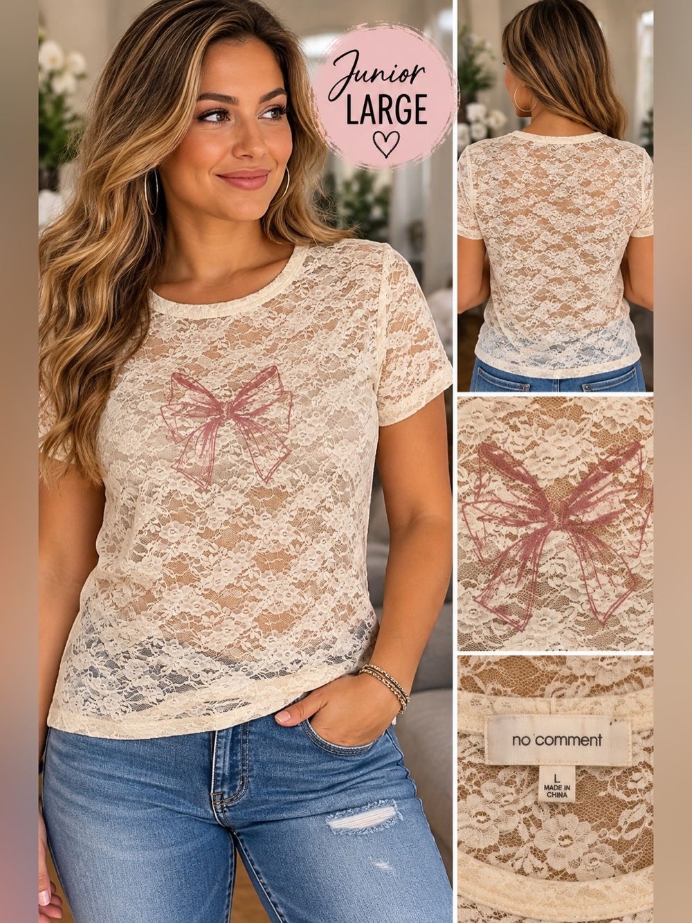 Junior Large Cream Lace Bow Tee #PB03